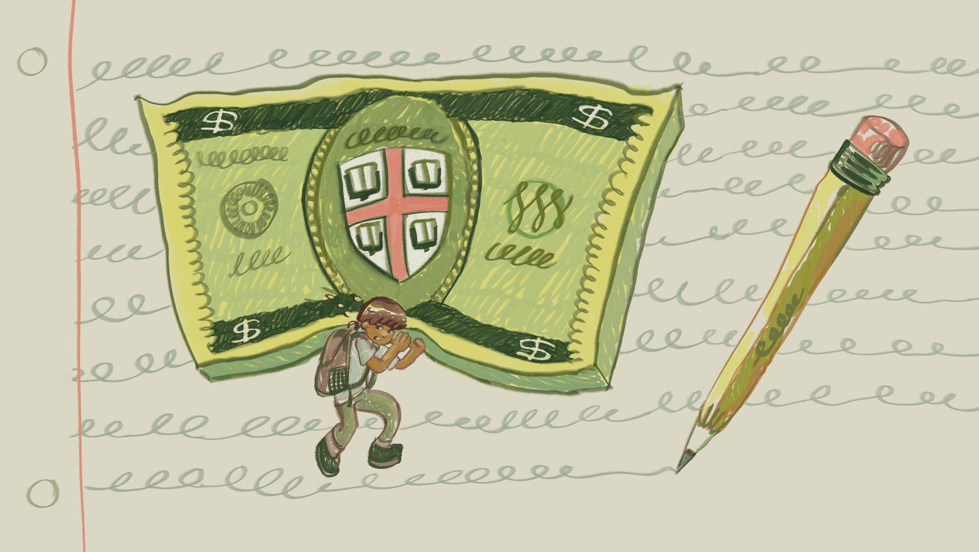 Illustration of a girl wearing a backpack hoisting up a giant stack of bills with the Brown insignia on it. The background is a piece of lined paper with a giant yellow pencil on the right scribbling words onto it.