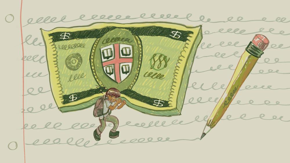 Illustration of a girl wearing a backpack hoisting up a giant stack of bills with the Brown insignia on it. The background is a piece of lined paper with a giant yellow pencil on the right scribbling words onto it.