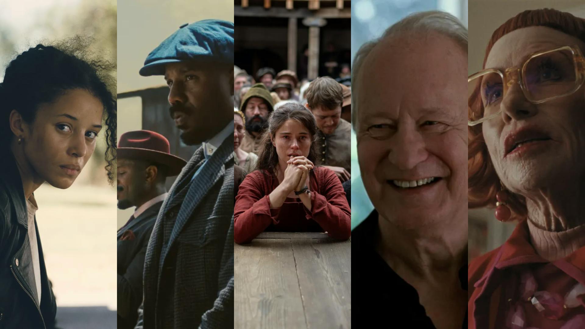 From left: photos of movie scenes from “One Battle After Another,” “Sinners,” “Hamnet,” “Sentimental Value,” and “Weapons.” Courtesy of Neal Street Productions,  NEON, and Warner Bros. Pictures.