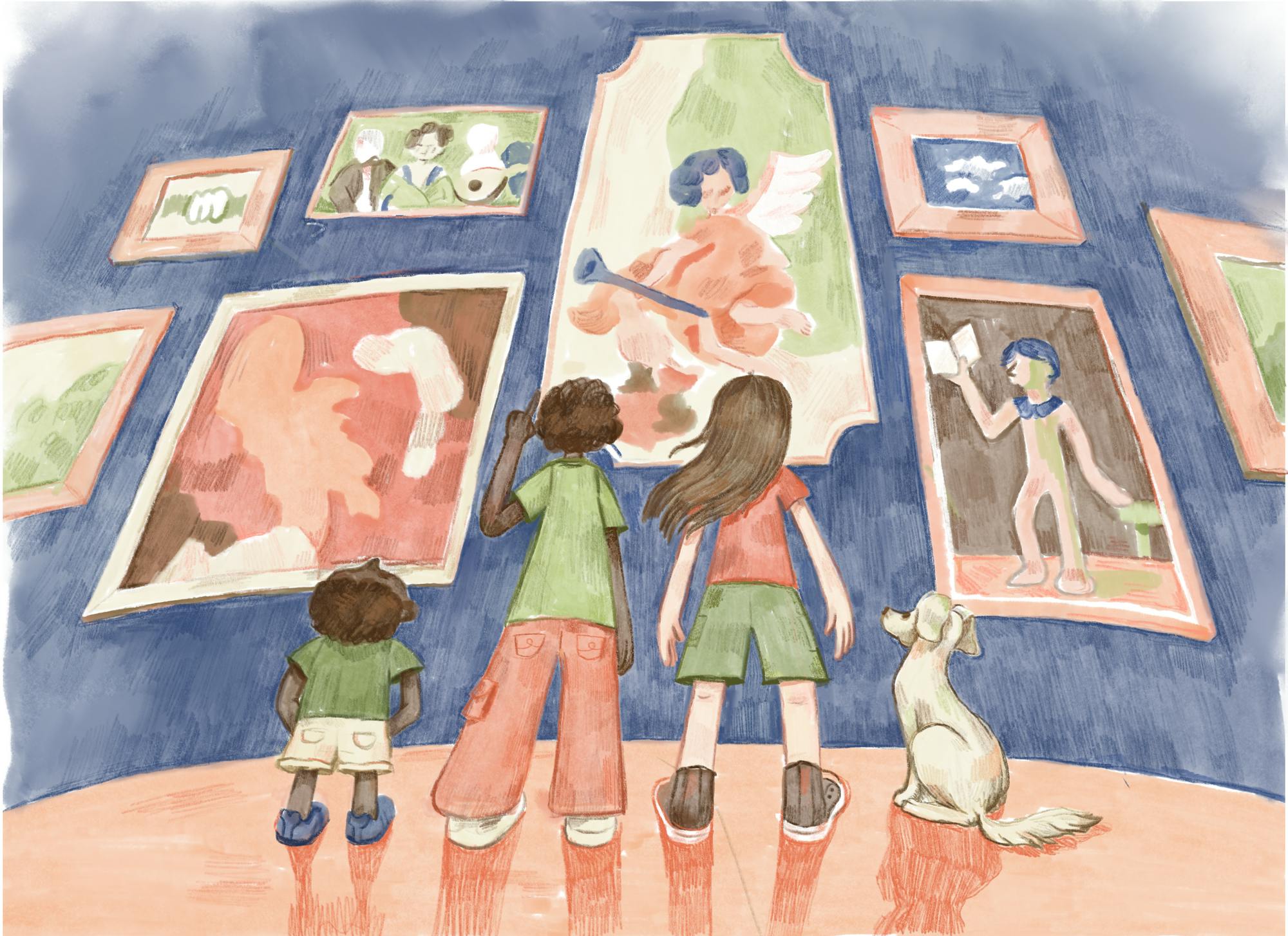 Illustration of a small child with short hair, a taller person with short hair, a taller person with long hair and a dog looking up at numerous pieces of art. There are human-like figures in the paintings.