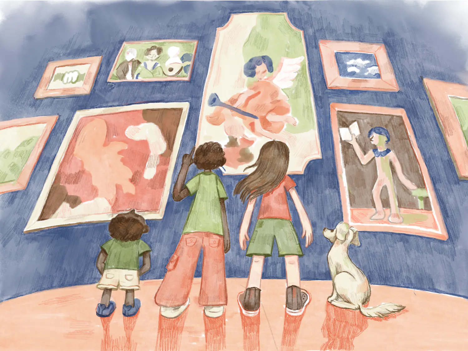 Illustration of a small child with short hair, a taller person with short hair, a taller person with long hair and a dog looking up at numerous pieces of art. There are human-like figures in the paintings.
