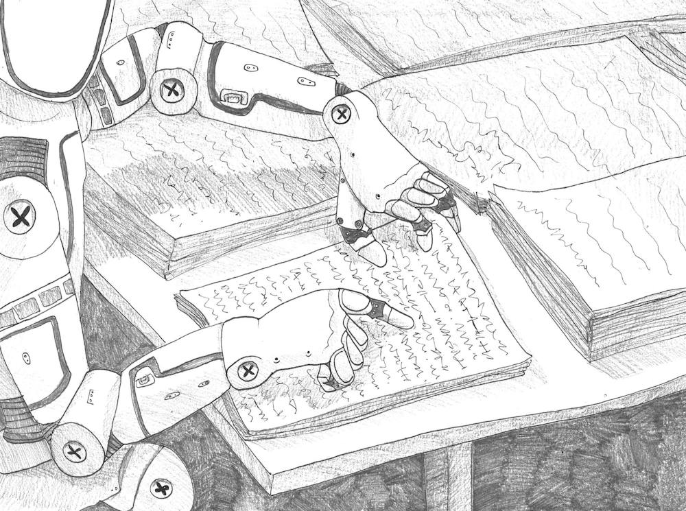 Black-and-white illustration of a robot running its right finger under words written on a page sitting at a table covered in other stacks of paper with lines of written text. 