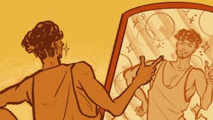 A bronze-tinted illustration of a man marveling at his own reflection in a mirror. 