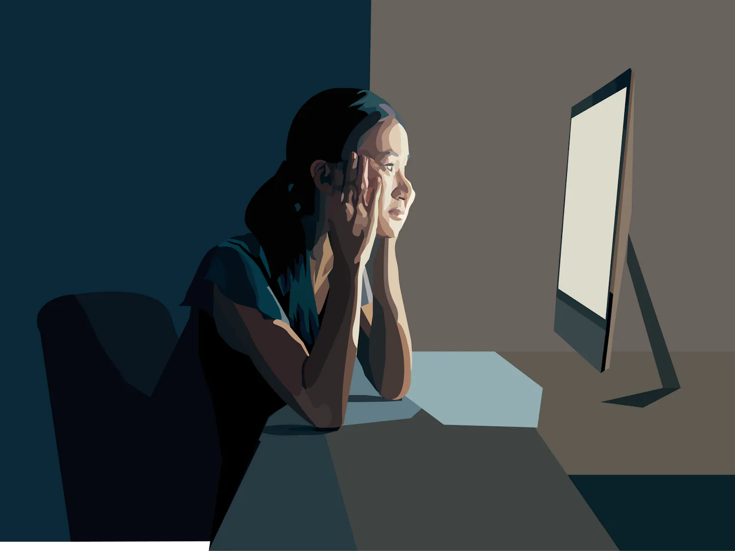 An illustration of a woman staring at a bright computer.