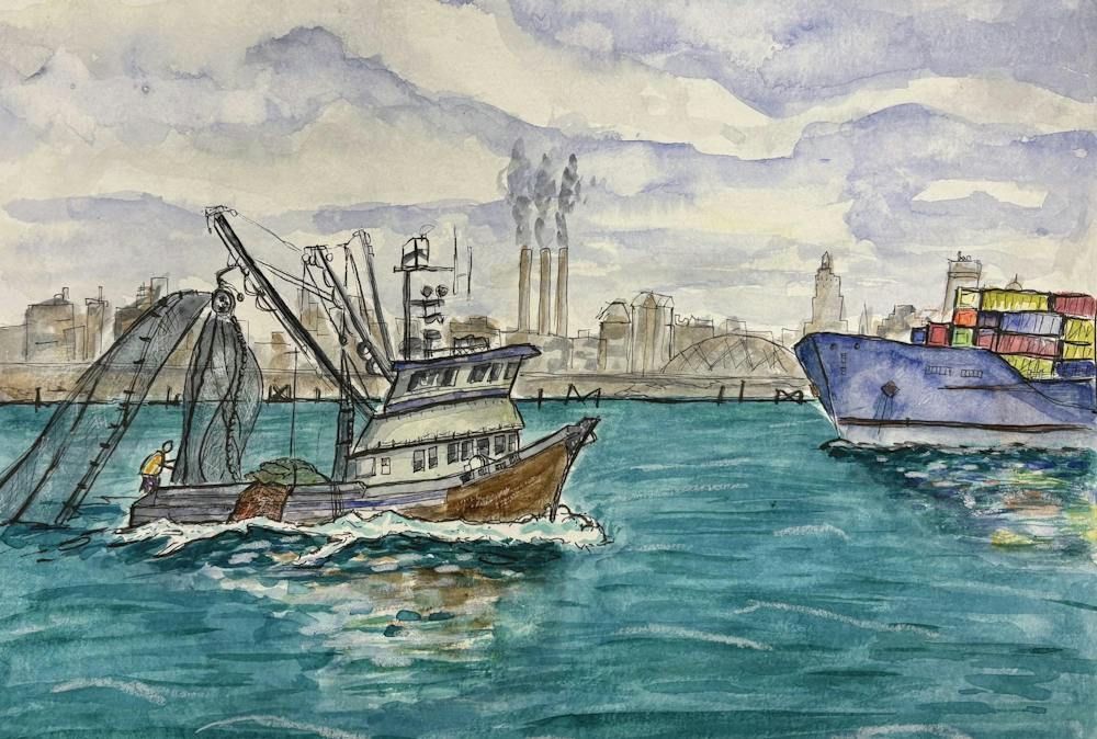 An illustration of two large boats on a bright teal body of water with a gray skyline in the background. One boat is in the corner of the image; it is navy blue and has bright colored shipping containers on top of it. The second boat towards the center of the image is a fishing vessel. 