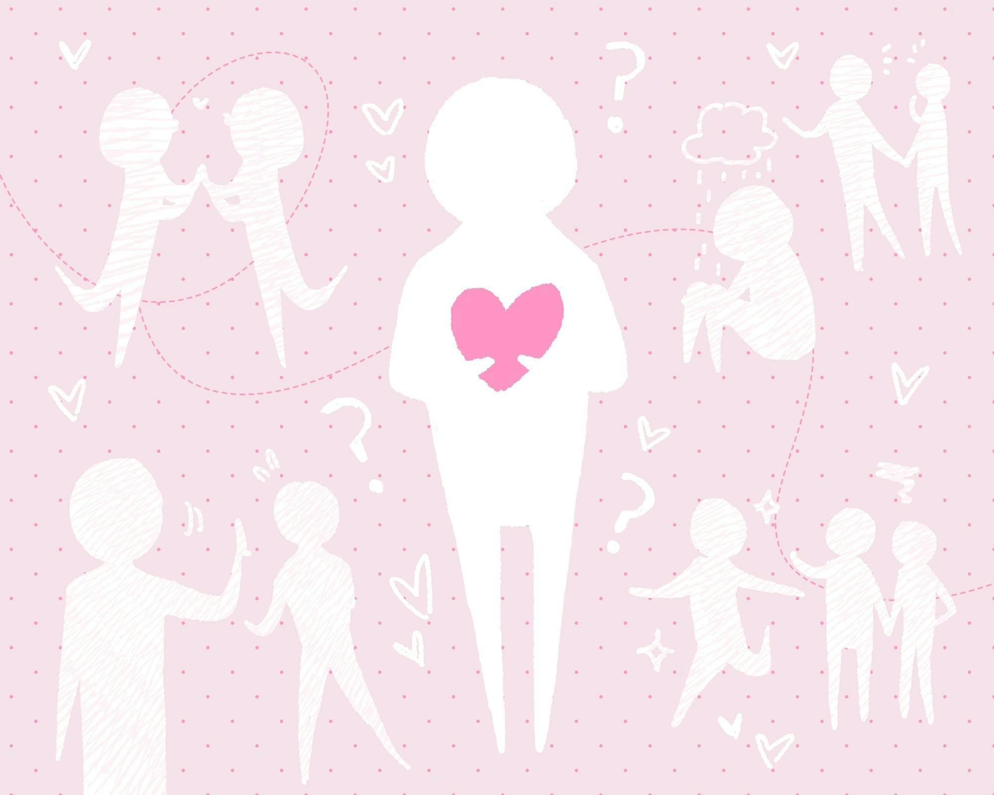 An illustration of a lone figure holding a heart, surrounded by question marks and couples enjoying various activities.