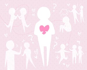 An illustration of a lone figure holding a heart, surrounded by question marks and couples enjoying various activities.