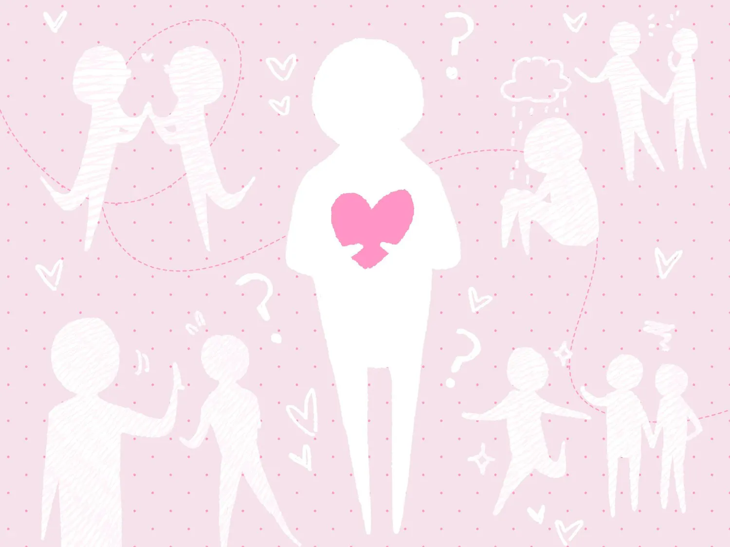 An illustration of a lone figure holding a heart, surrounded by question marks and couples enjoying various activities.