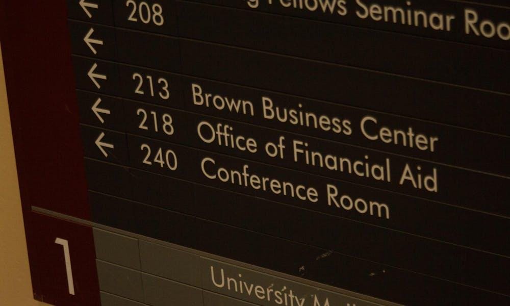 A picture of a sign, which details the Office of Financial Aid.