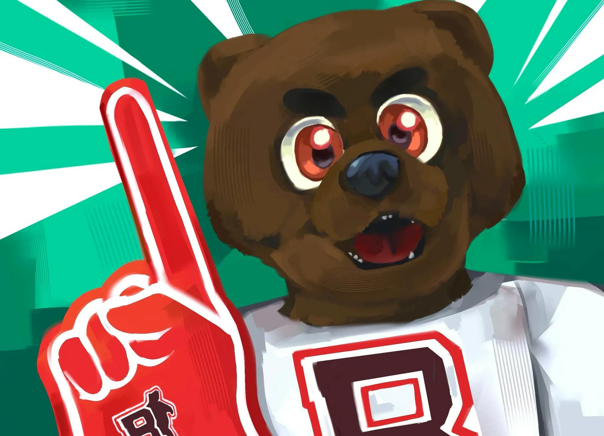A close up illustration of a bear with red eyes holding a red Brown foam finger over a green background.