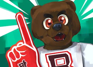 A close up illustration of a bear with red eyes holding a red Brown foam finger over a green background.