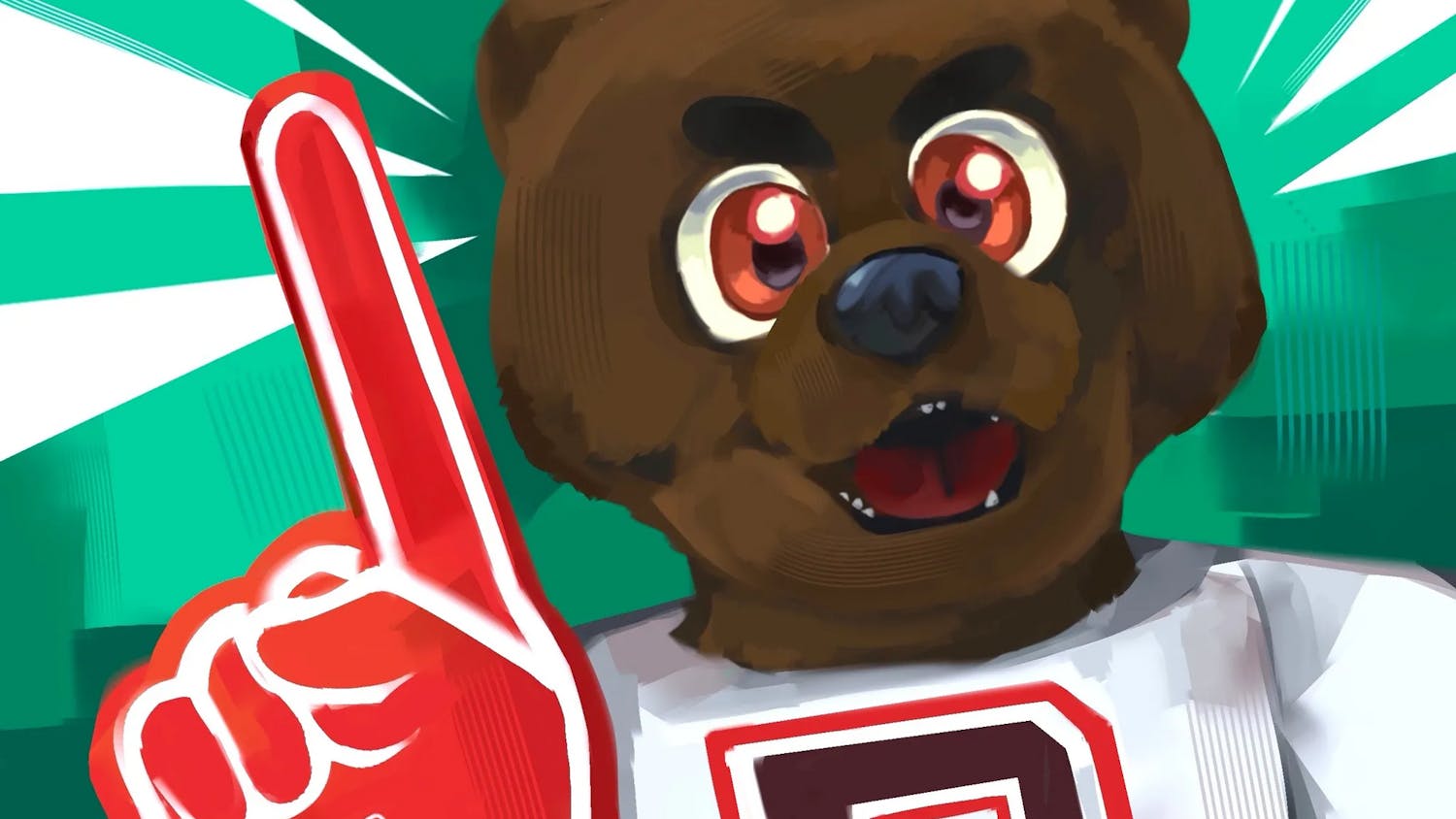 A close up illustration of a bear with red eyes holding a red Brown foam finger over a green background.