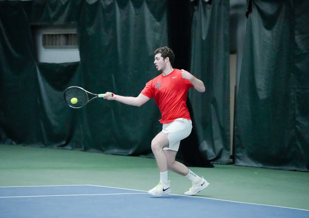 <p>After the Lions won the first doubles match Saturday afternoon, the duo of Niraj Komatineni ’23 and Matthew Mu ’23 defeated their opponents 6-3.</p><p>David Silverman Photography via Brown Athletics</p>