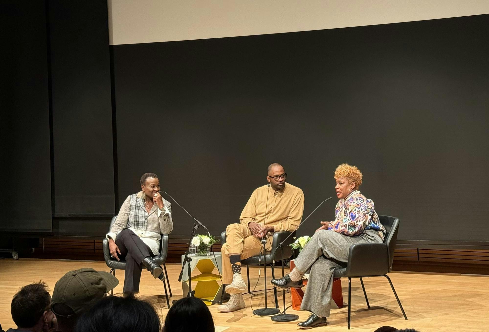 Director Ramell Ross, actress Aunjanue Ellis-Taylor ’92, and Director of the Center for the Study of Race and Ethnicity in America Prudence Carter discuss the film "Nickel Boys" at a Q&A panel in the Granoff Martinos Auditorium. 