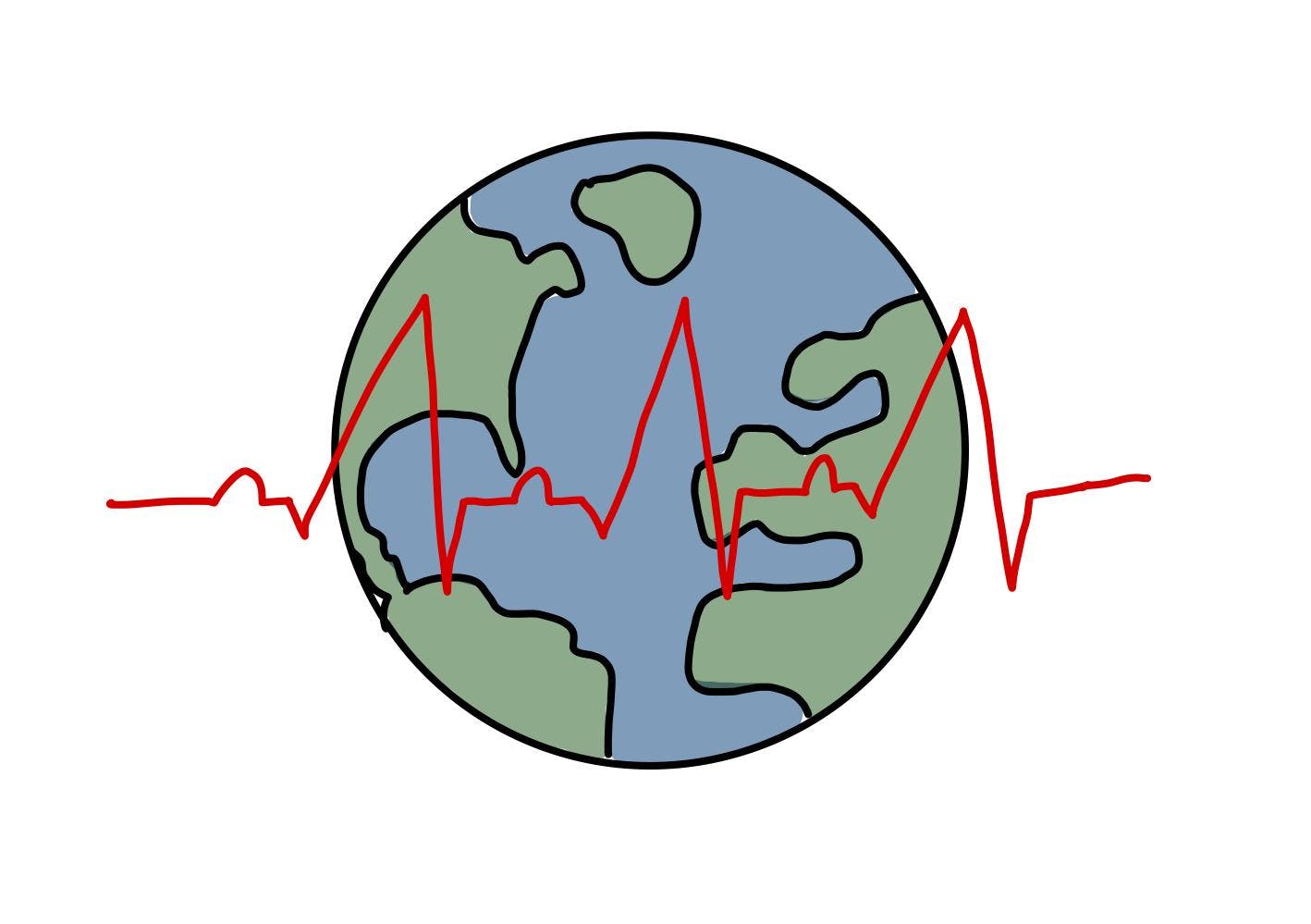 An electrocardiogram rhythm is superimposed on top of a drawing of a blue or green globe.