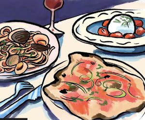 An illustration of plates of Italian dishes on a table.