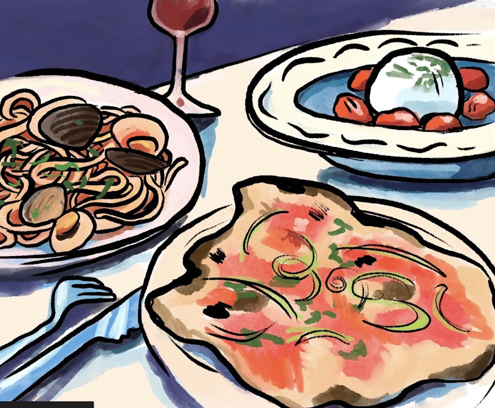 An illustration of plates of Italian dishes on a table.