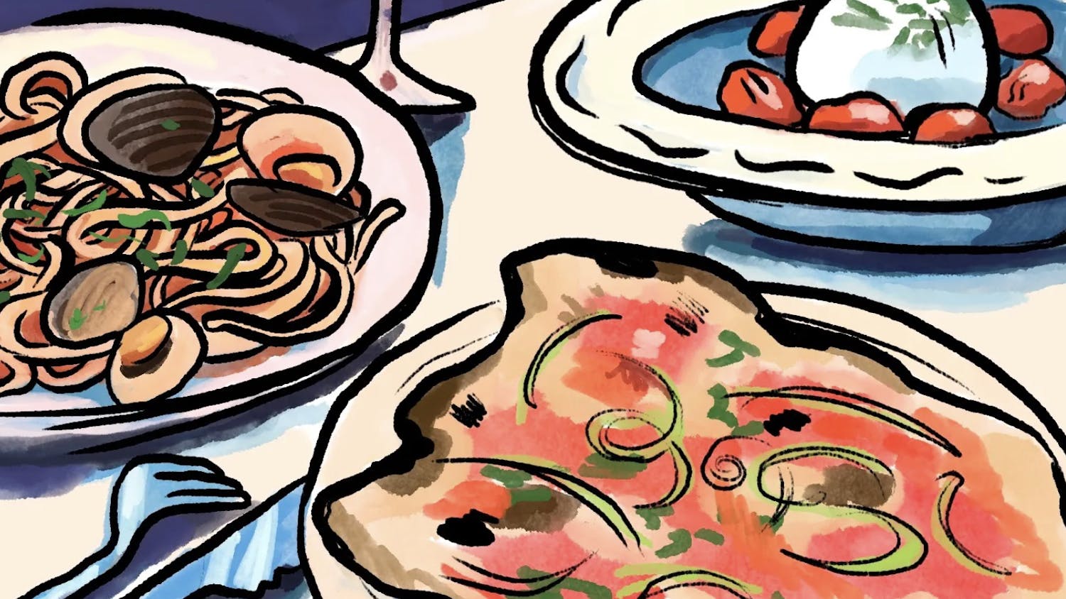 An illustration of plates of Italian dishes on a table.
