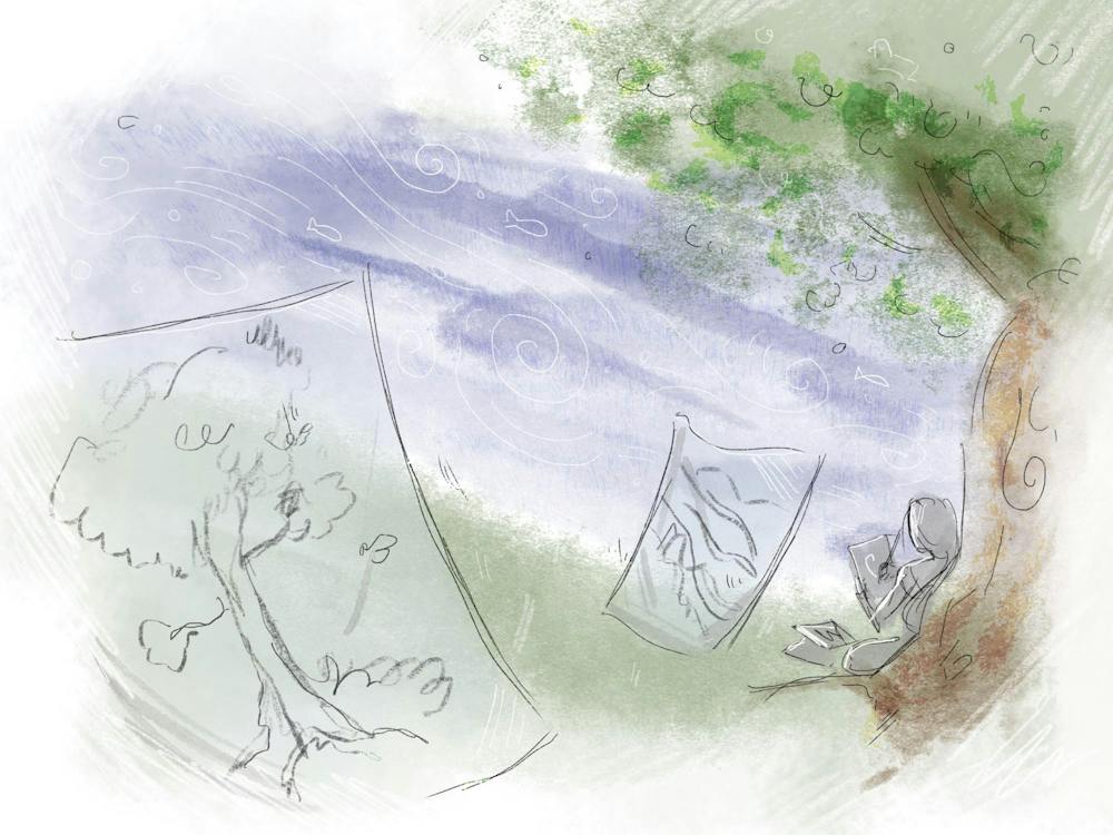 Illustration of a person sitting under a tree drawing on a piece of paper. A drawing of a tree and landscape are on the left and center.