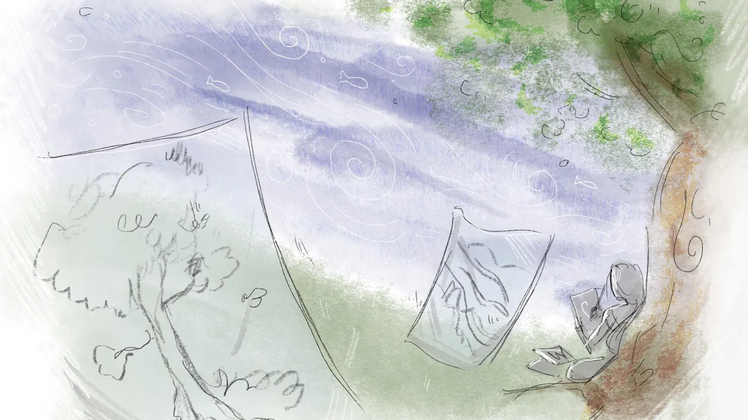 Illustration of a person sitting under a tree drawing on a piece of paper. A drawing of a tree and landscape are on the left and center.
