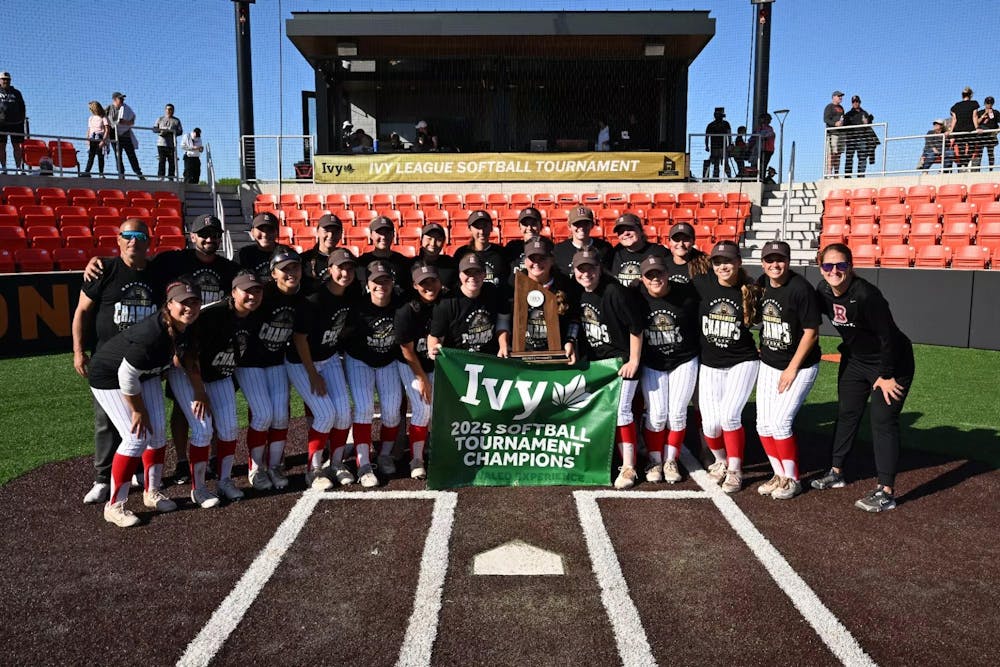 A photo of the Brown softball team after winning the 2025 Ivy League Championship