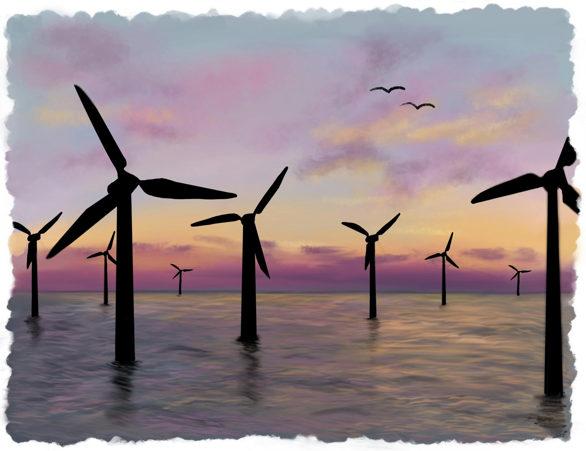 An illustration of several wind turbines in an ocean at sunset with a couple birds flying overhead.