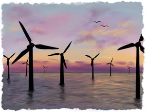 An illustration of several wind turbines in an ocean at sunset with a couple birds flying overhead.