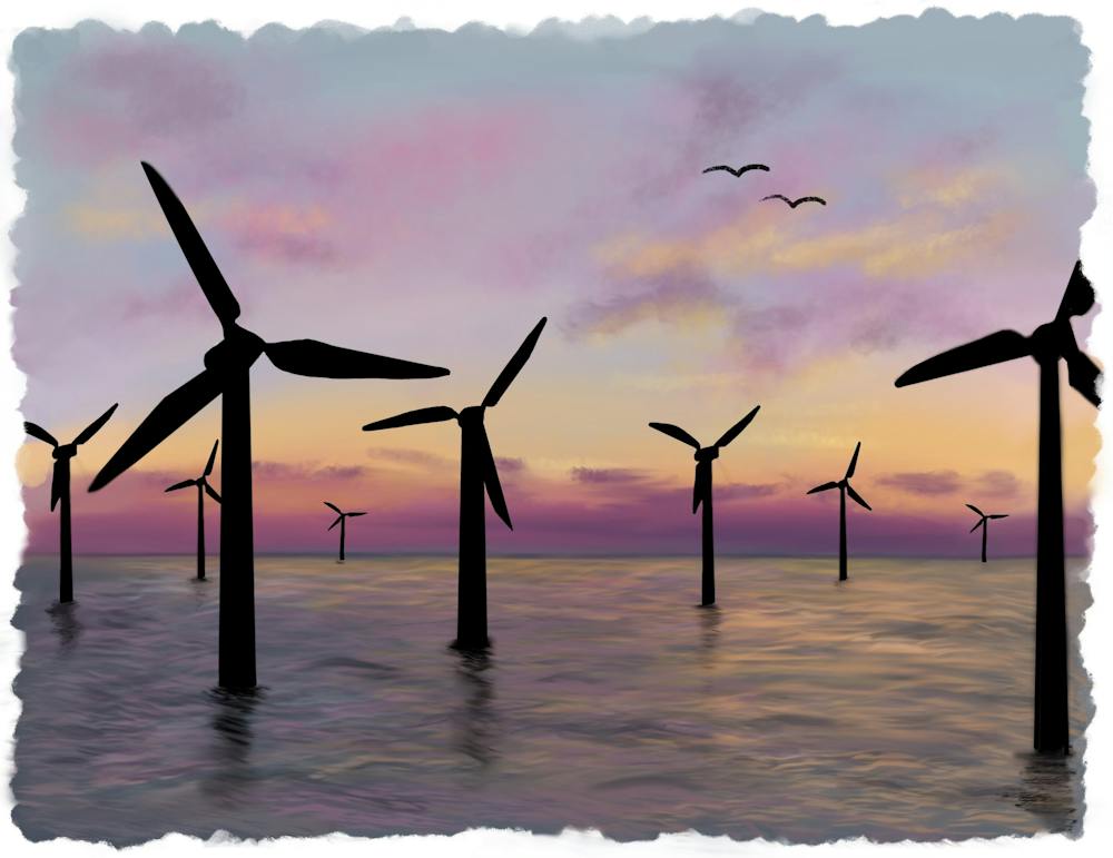 An illustration of several wind turbines in an ocean at sunset with a couple birds flying overhead.