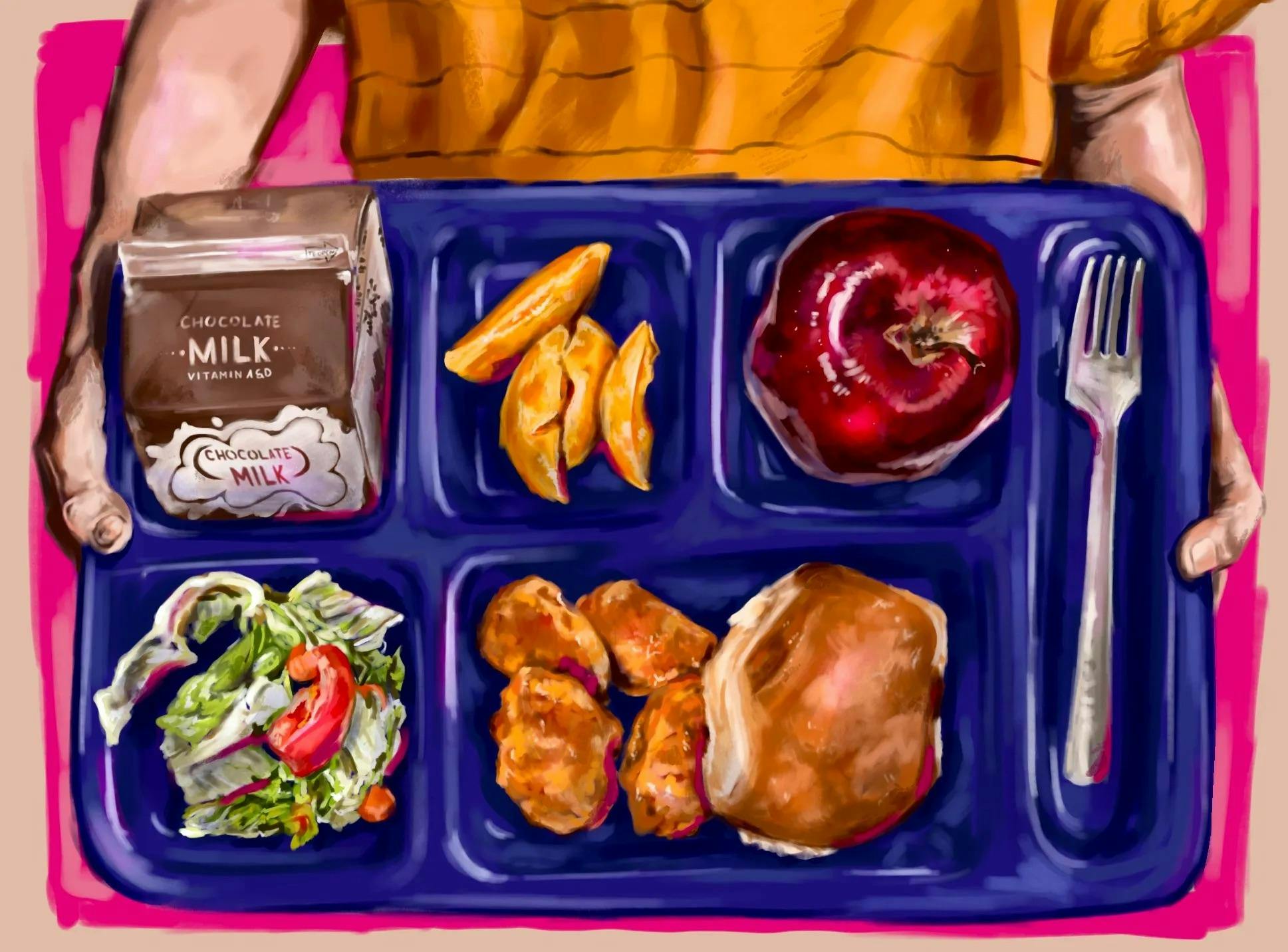 Illustration of a blue lunch tray with chocolate milk, oranges, an apple, salad, chicken nuggets, bread, and a fork.