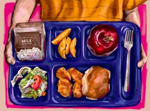 Illustration of a blue lunch tray with chocolate milk, oranges, an apple, salad, chicken nuggets, bread, and a fork.