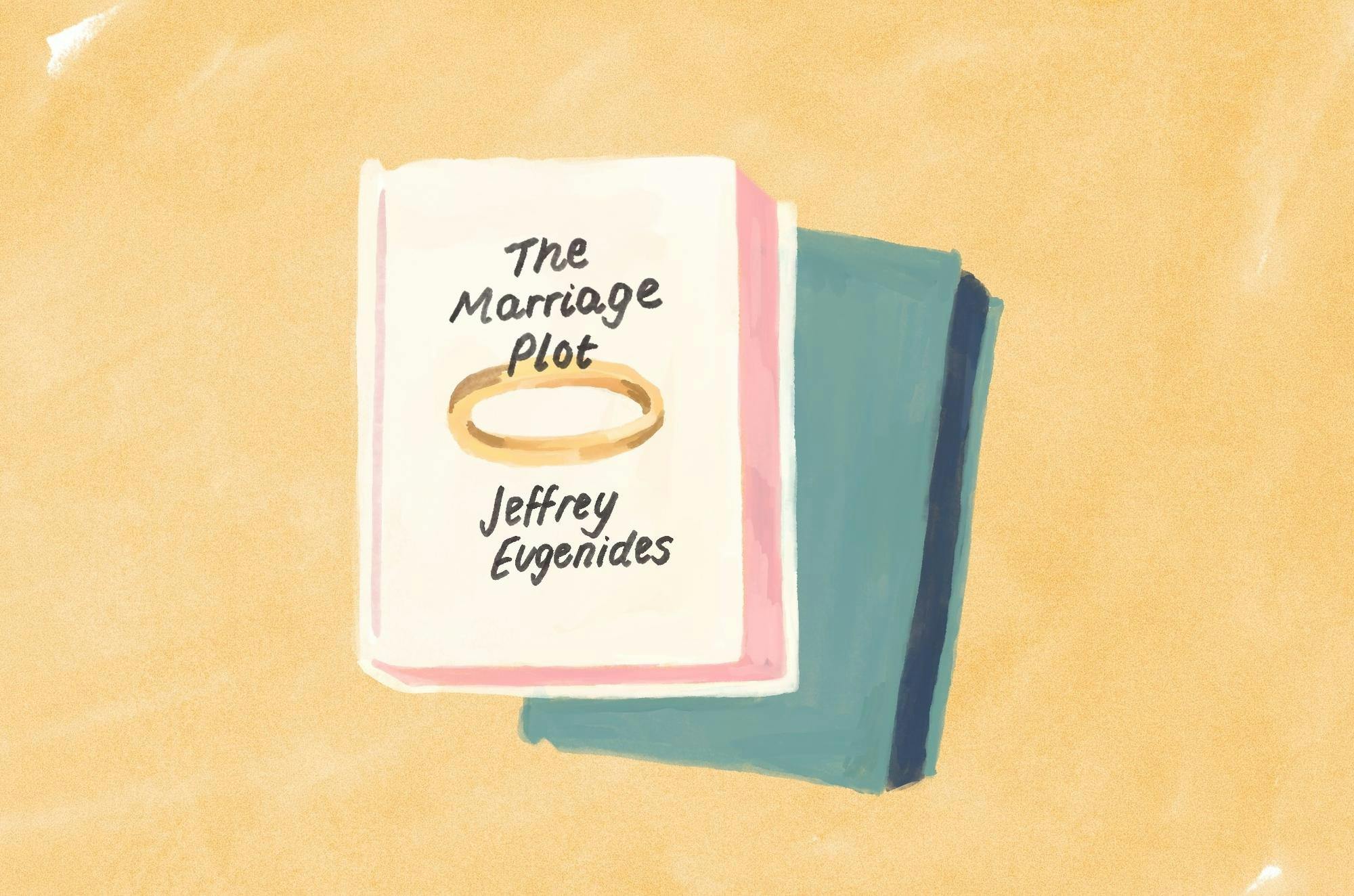 Illustration of two books stacked on top of one another. The book on top is white with pink pages with the title “The Marriage Plot.” There is a golden ring and the author’s name “Jeffrey Eugenides” below the title. The second book is green with blue pages.