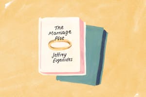 Illustration of two books stacked on top of one another. The book on top is white with pink pages with the title “The Marriage Plot.” There is a golden ring and the author’s name “Jeffrey Eugenides” below the title. The second book is green with blue pages.