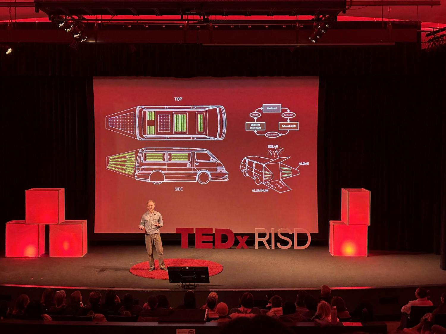 A picture of a speaker at the RISD TED Event on stage with a diagram of a car behind him and letters spelling out "TEDxRISD."