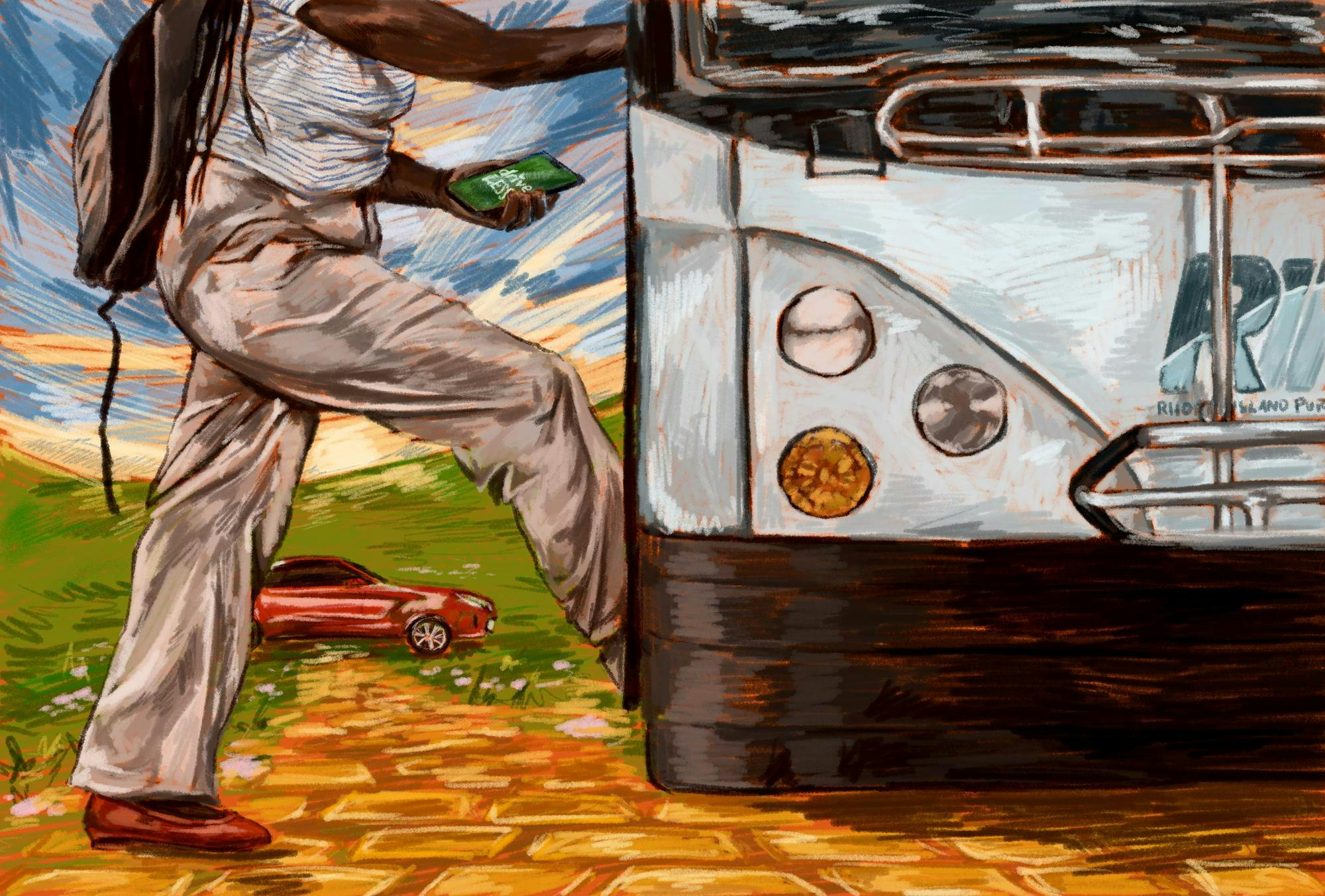 Illustration of a person with only their lower half visible wearing khaki pants, a blue and white striped shirt, brown loafers, and a black backpack. They are holding a phone with the words "drive less" in white on a green screen. The person is stepping onto a Rhode Island Public Transport Authority (RIPTA) bus. 