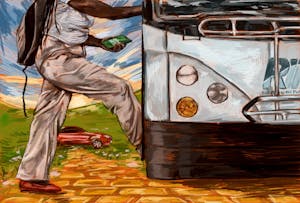 Illustration of a person with only their lower half visible wearing khaki pants, a blue and white striped shirt, brown loafers, and a black backpack. They are holding a phone with the words "drive less" in white on a green screen. The person is stepping onto a Rhode Island Public Transport Authority (RIPTA) bus. 