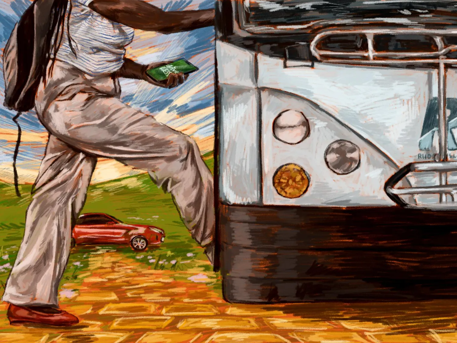 Illustration of a person with only their lower half visible wearing khaki pants, a blue and white striped shirt, brown loafers, and a black backpack. They are holding a phone with the words "drive less" in white on a green screen. The person is stepping onto a Rhode Island Public Transport Authority (RIPTA) bus.