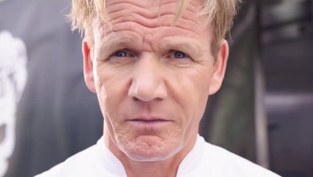 A close up of Gordon Ramsay looking intensely at the camera.