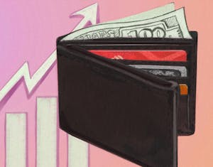 Illustration of a wallet with a pink background. In the background, there is a chart with bars going up across the x-axis.