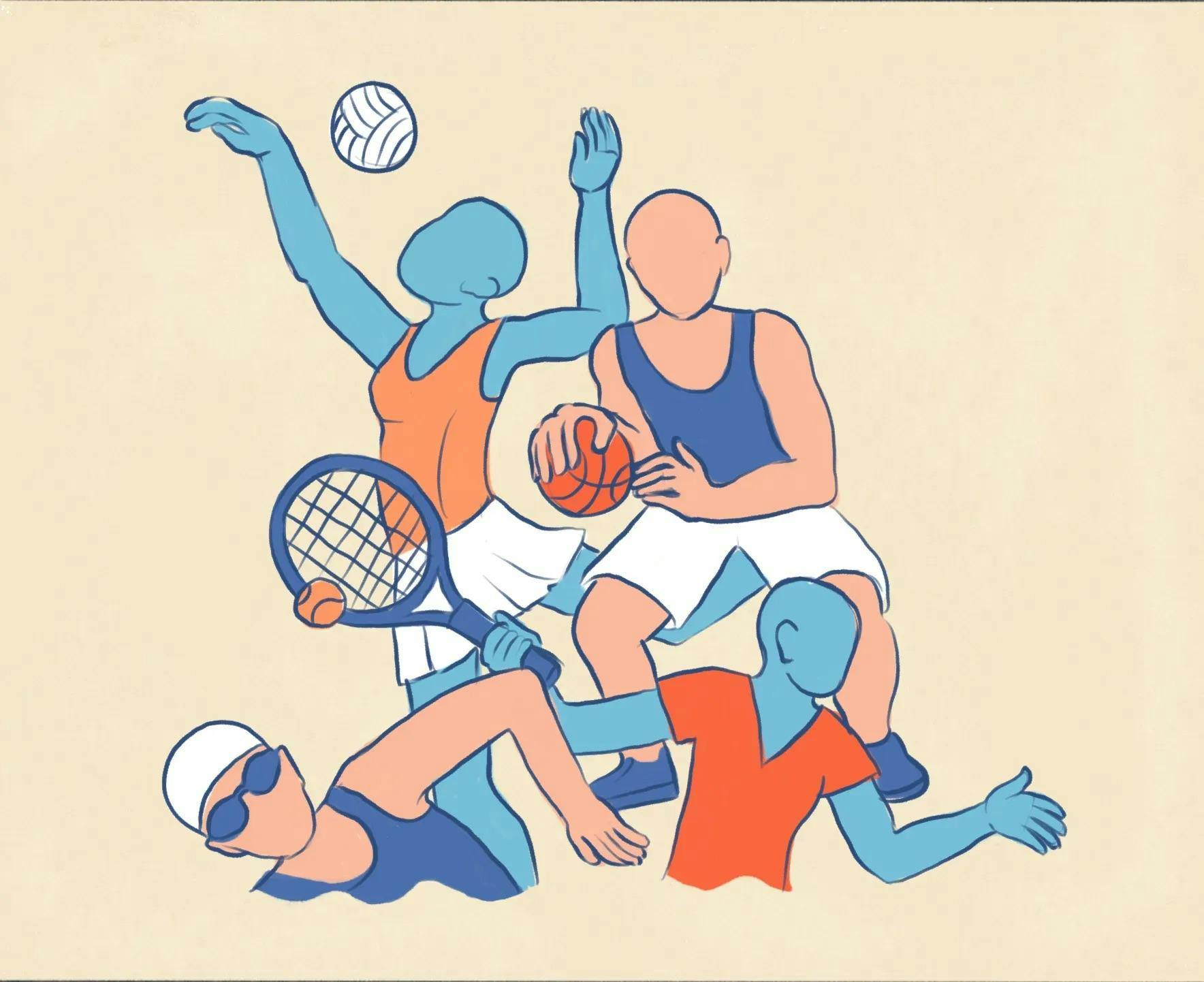 Illustration of four figures without faces in various athletic motions. One is spiking a volleyball, one is dribbling a basketball, one is swimming and one is swinging a tennis racket.