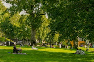 Photo of Prospect Terrace on a sunny afternoon with people enjoying the weather.
