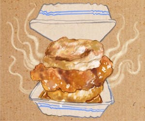 Illustration of a fried chicken sandwich in a white box.

