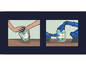 An illustration split into two halves. In the first half, someone is trying to open a jar of pickles. In the second half, two blue robot arms are opening a jar of pickles.