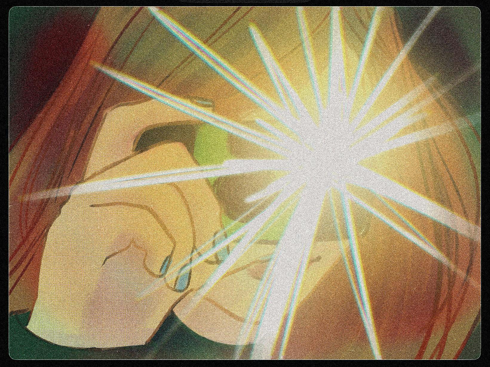 An illustration of someone taking a picture with a camera that has a very bright flash.