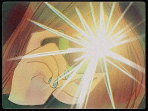 An illustration of someone taking a picture with a camera that has a very bright flash.