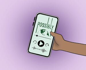 An illustration of a smartphone with the "Possibly" podcast logo displayed on its screen.