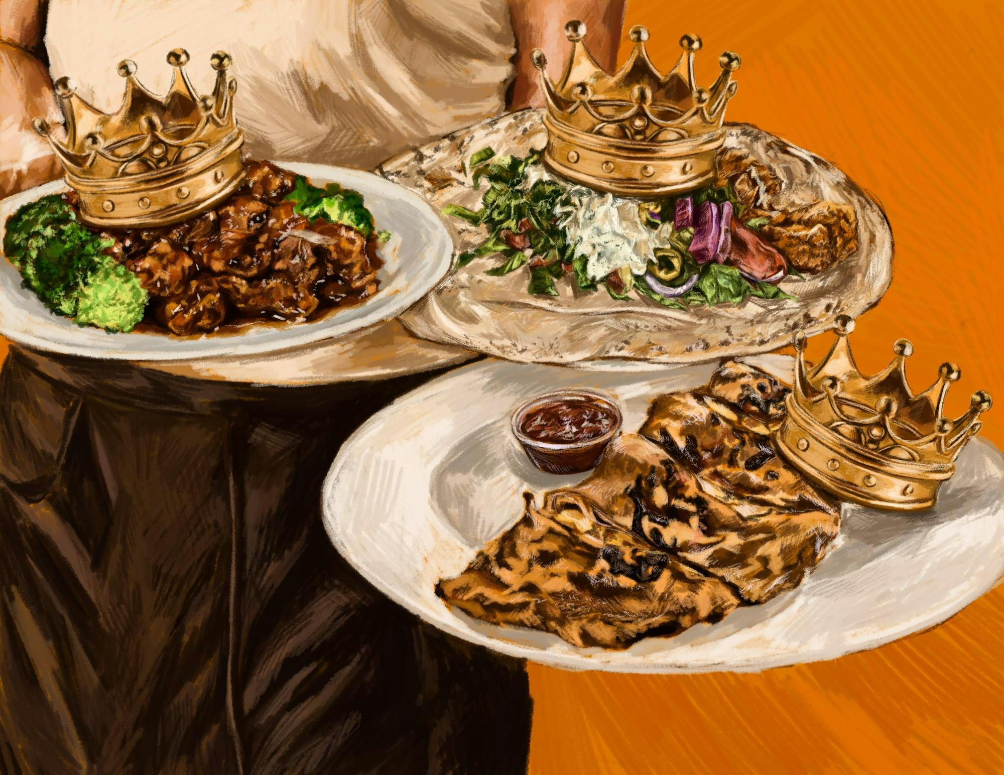 Illustration of a person holding three wide plates of food: a plate of chicken and broccoli, a pita wrap and a quesadilla
