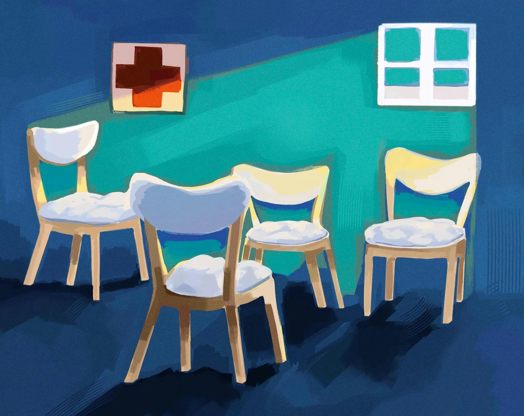 Illustration of a blue room with light coming through a single window, shining on four empty chairs and a Red Cross symbol hanging on the wall. 
