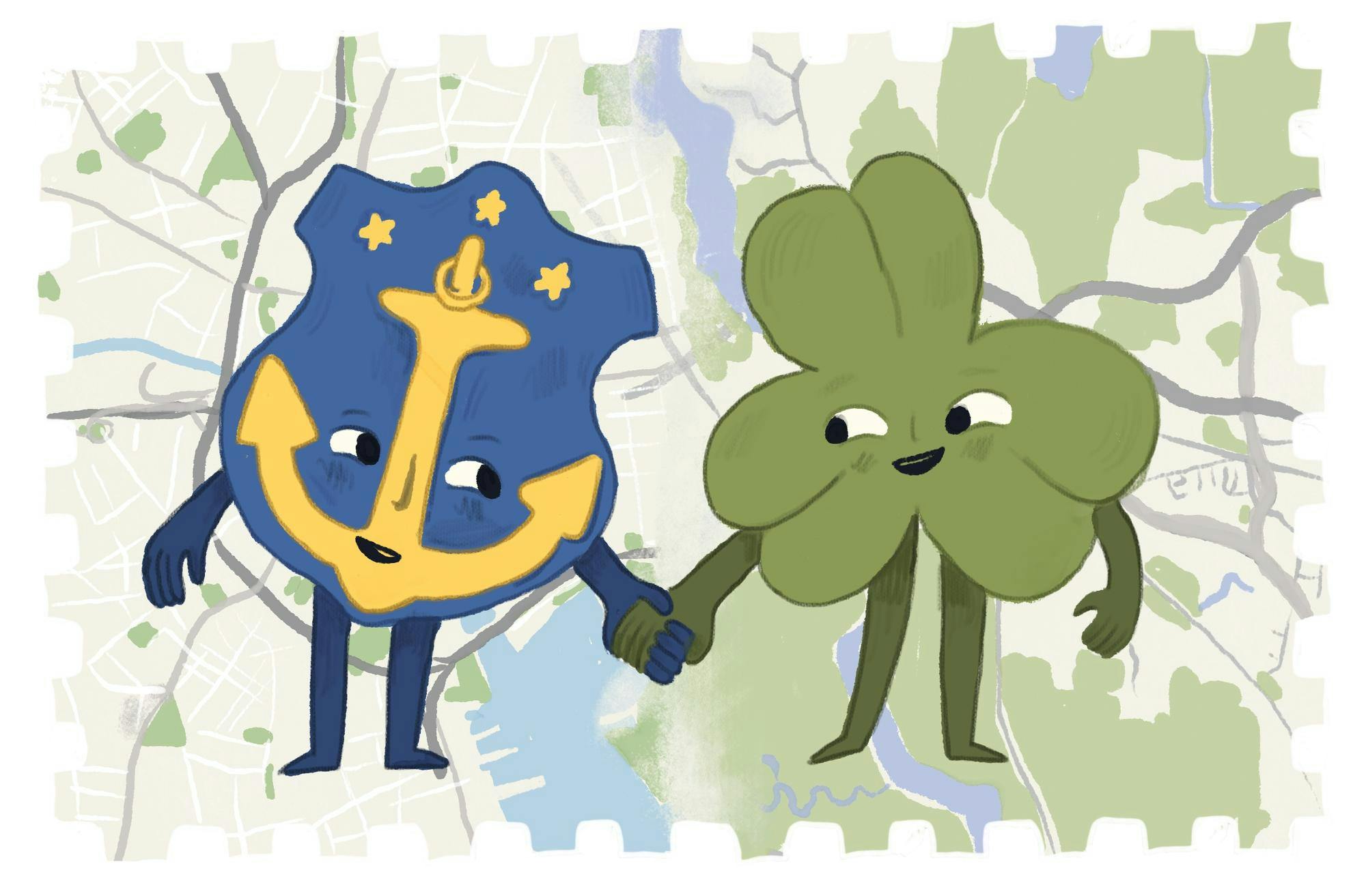 Illustration of Rhode Island coat of arms holding hands with a three-leaf clover.