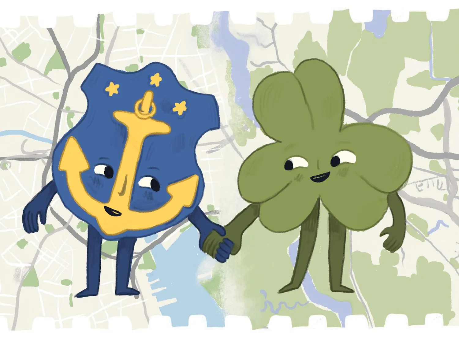 Illustration of Rhode Island coat of arms holding hands with a three-leaf clover.