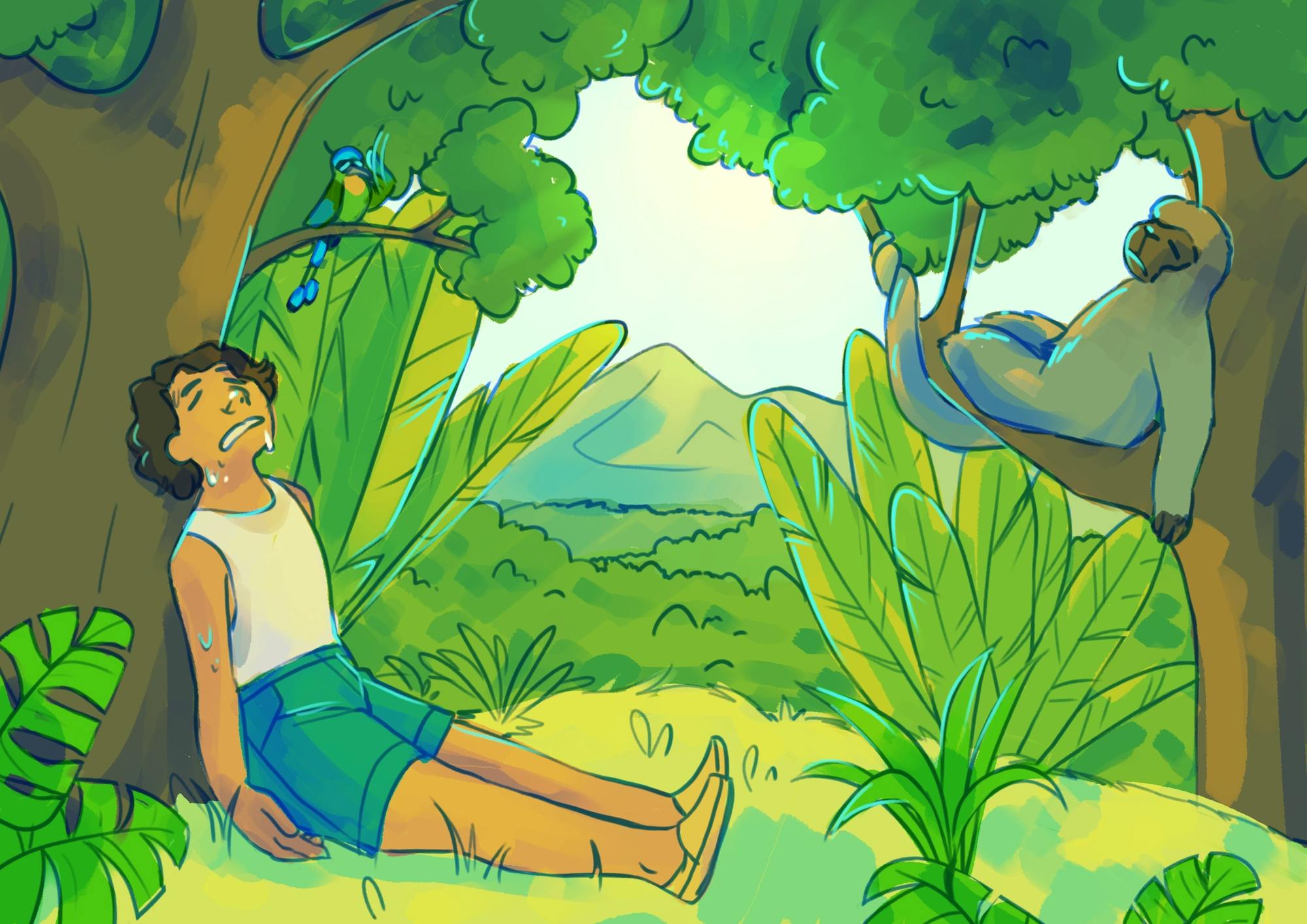 An illustration of a person sweating in the jungle next to a monkey in a tree.